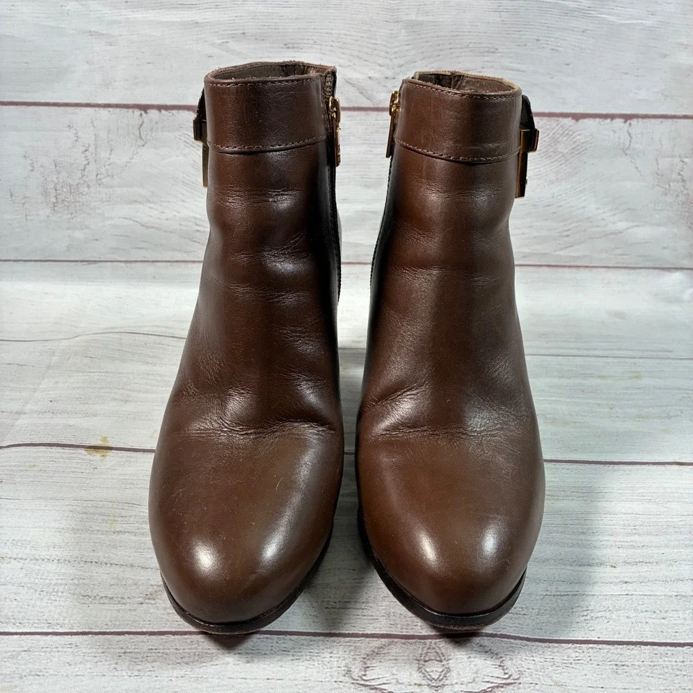 Tory Burch Bristol Booties Womens 9.5 Brown Leather Gold Logo Buckle Ankle Boots